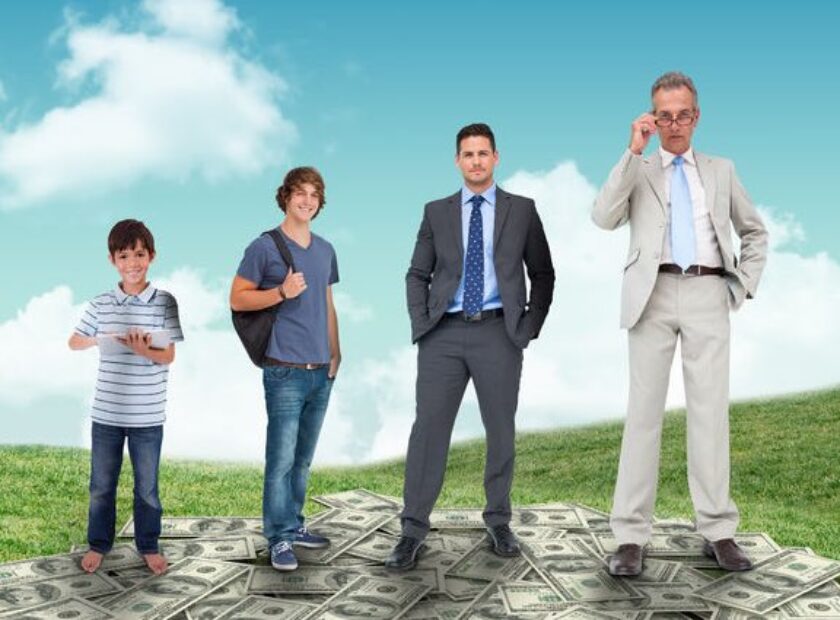 44841346 - life stages of businessman against field and sky