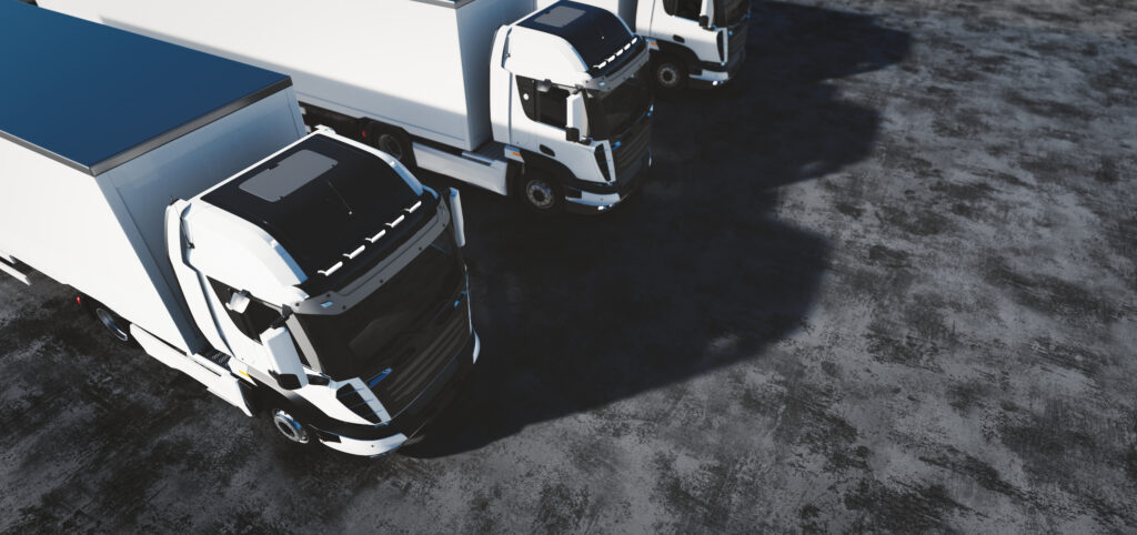 Fleet of trucks with cargo trailers. Transport, shipping industry.
